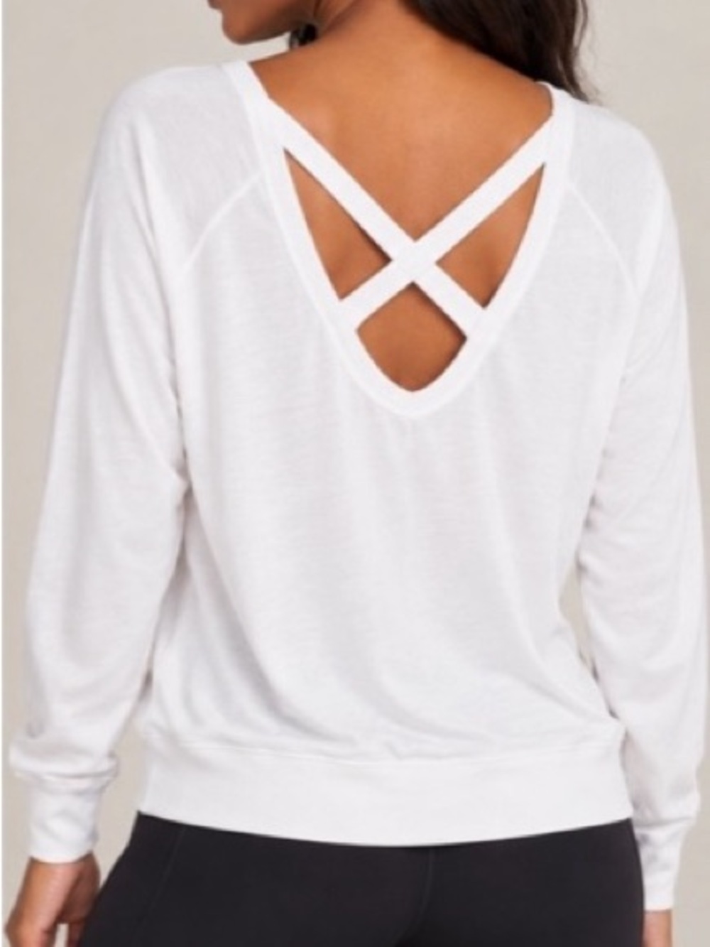 bobi White Long Sleeve Open Back Criss Cross Pullover Sweatshirt Top